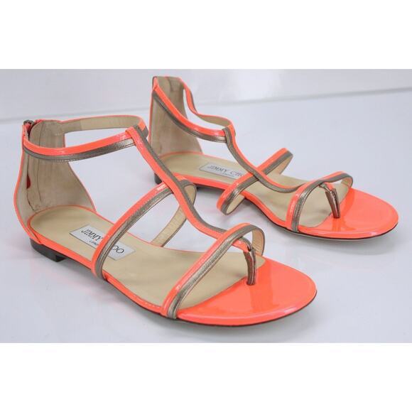 Jimmy Choo Tabitha T Strap Caged Thong Sandals Size 37.5 Orange Platinum $795 - Picture 6 of 11
